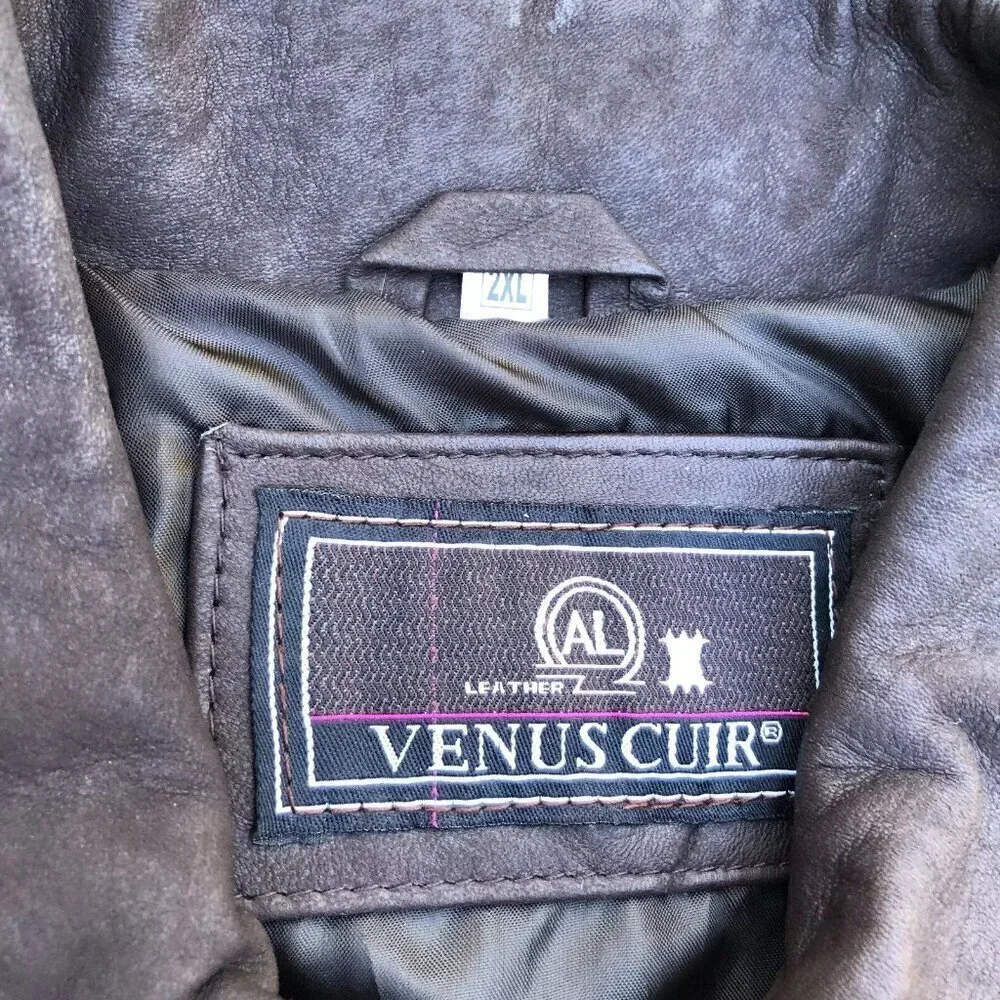 VENUS CUIR Leather Textured Jacket Men's 2XL Brown Full Zip Coat Pockets​​​​